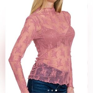 Zenana Mesh Blouse Elegant Sheer Lace Long Sleeve Blouse in Dusty Rose NWT